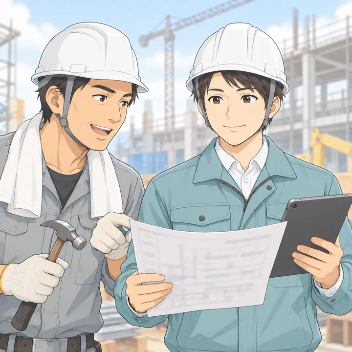 現場で図面を挟んで打ち合わせる職人と施工管理の担当者