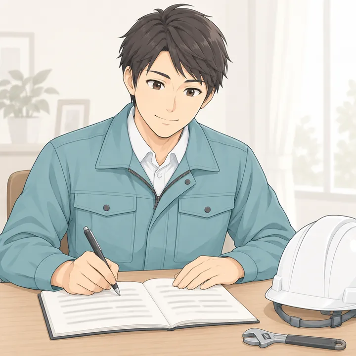 自宅の机で、職人としての経験をノートに書き出す男性