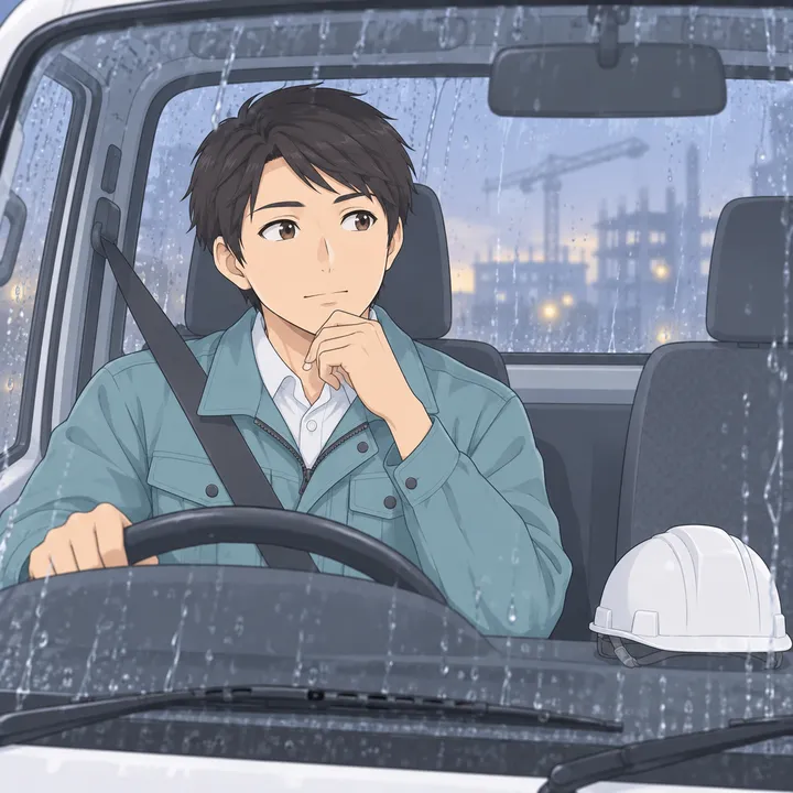 雨で仕事が止まった日、軽トラックの中でこの先を考える若い職人