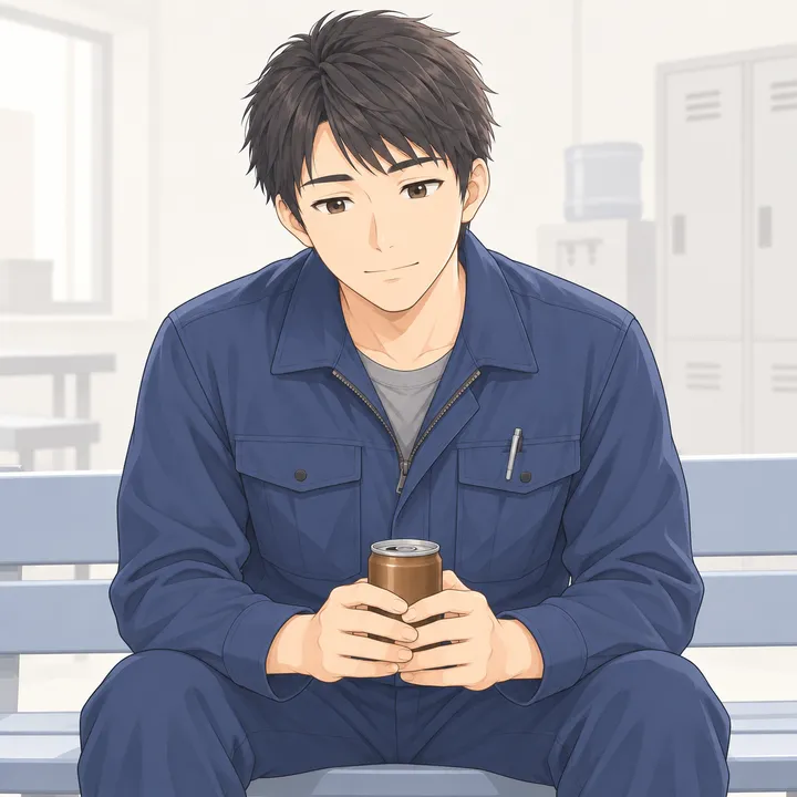 休憩所のベンチで缶コーヒーを持ち、辞めたい気持ちを考える作業着の男性