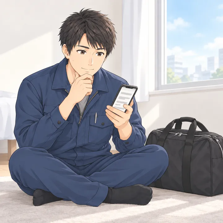 荷物をまとめたバッグの横で、スマホで寮付きの工場求人を探す男性