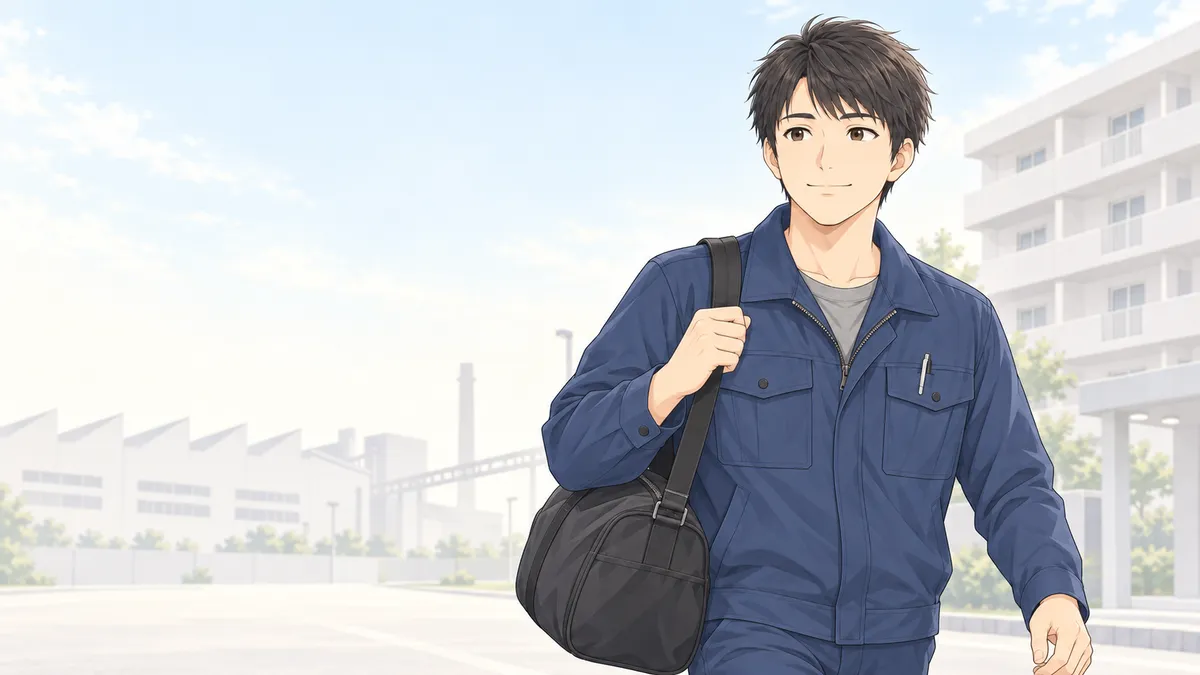 明るい朝、寮から工場へ向かって歩き出す作業着の男性