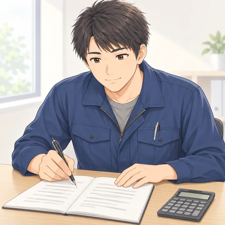 ノートを2列に分けて、期間工と派遣の条件を書き出して比べる男性