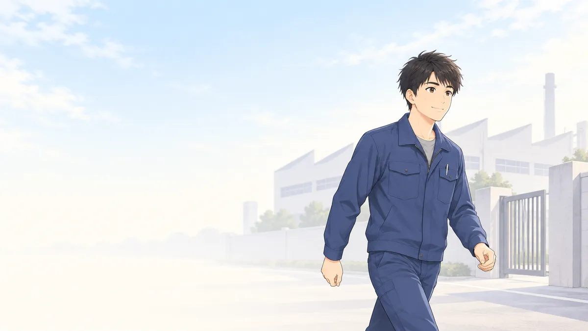明るい朝、決めた働き方で工場へ向かって歩く作業着の男性