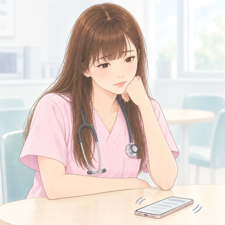 休憩室で鳴り続けるスマホを見て、少し困った顔をする看護師
