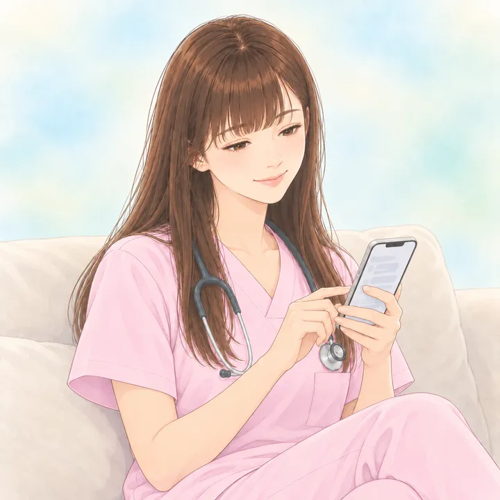 自宅でスマホのチャットから、落ち着いて転職の相談を送る看護師