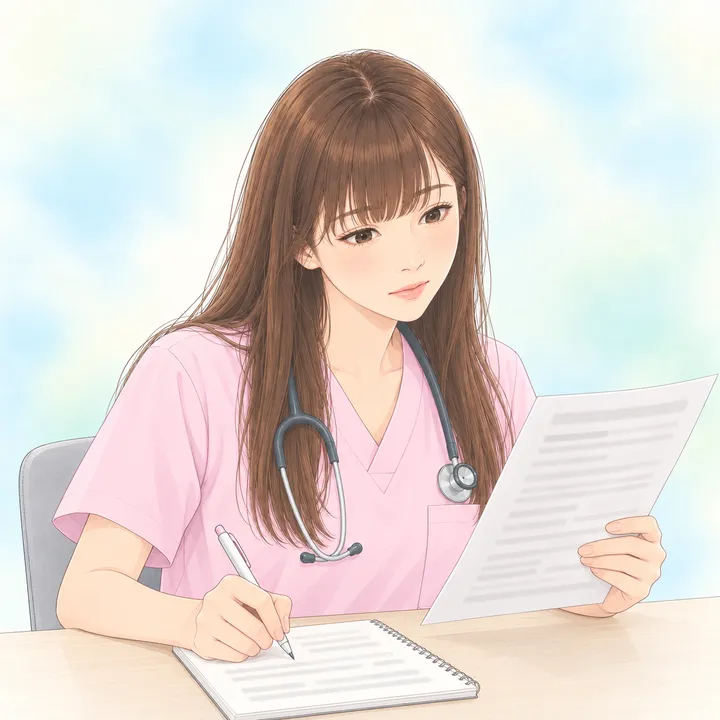 求人票を見ながら、残業について確かめる質問をメモする看護師