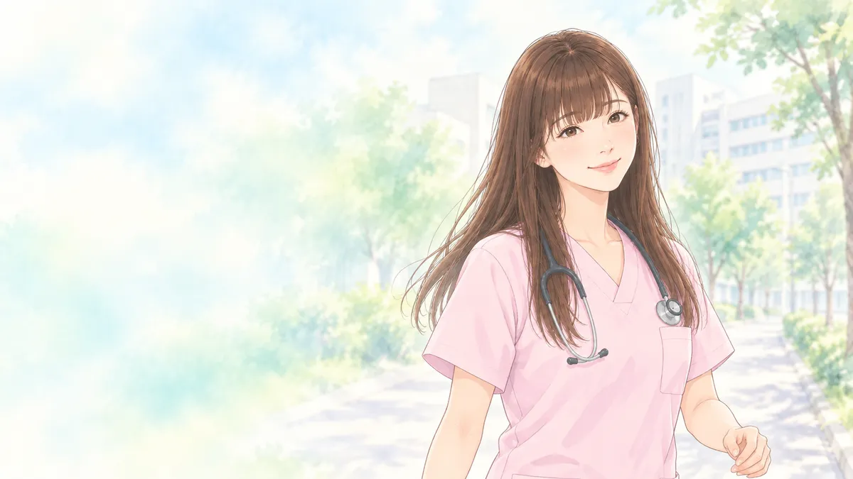 明るい並木道を、少しほっとした表情で歩く看護師