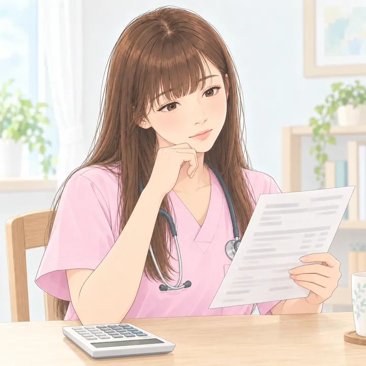 自宅で給与明細と電卓を前に、夜勤手当の分を確かめる看護師