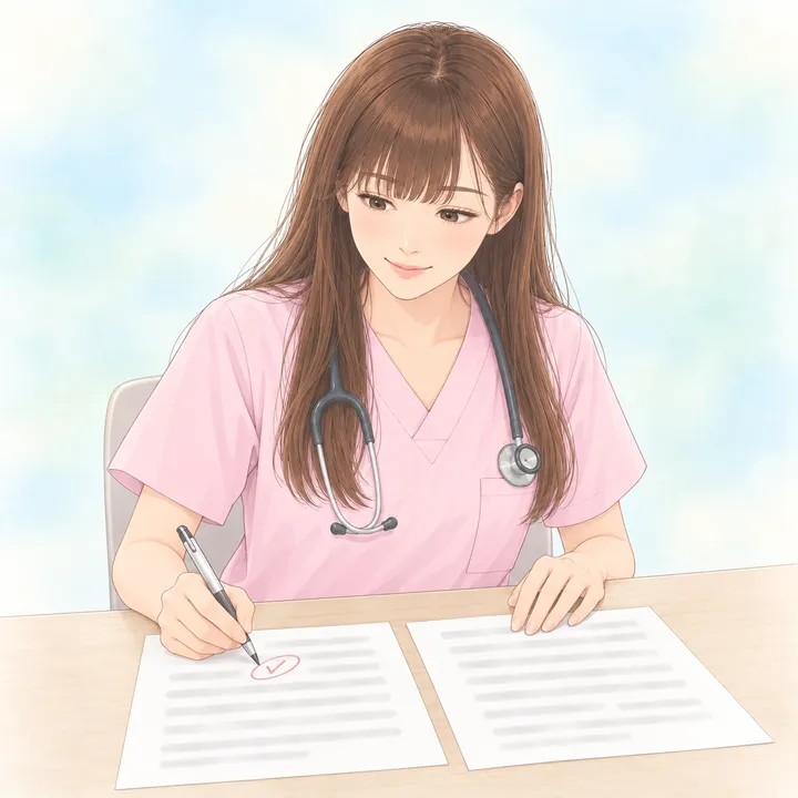 2枚の求人票を並べて、夜勤なしの条件を見比べる看護師