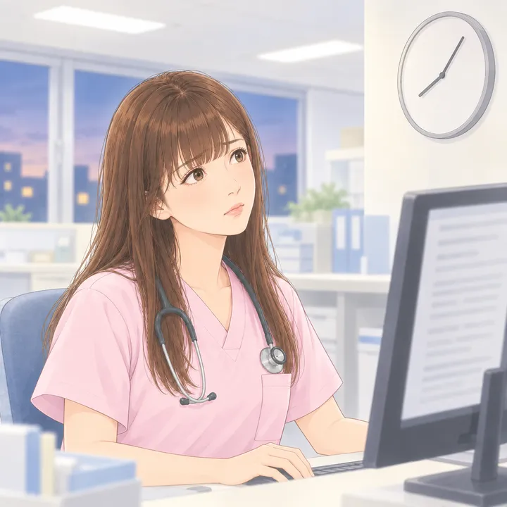 夕方のナースステーションで、記録をしながら時計を見上げる看護師