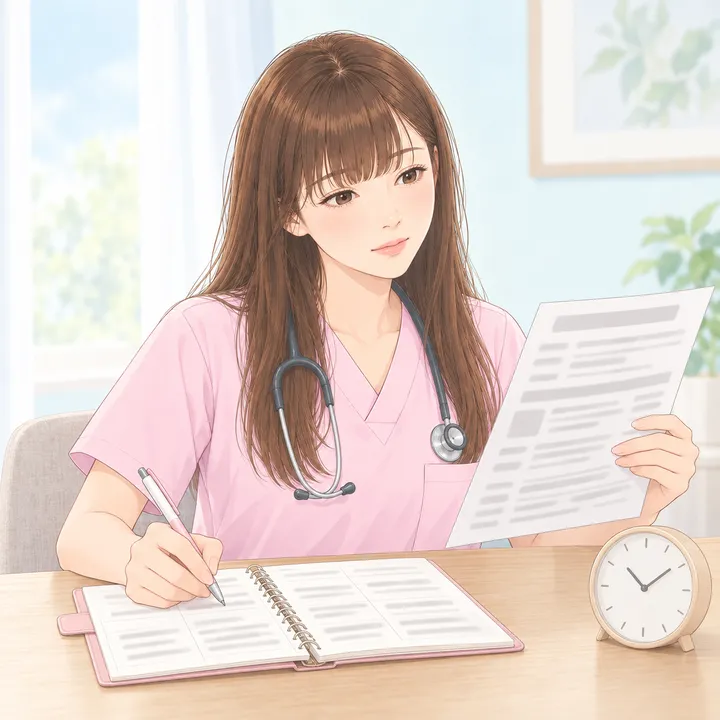 自宅で求人票と手帳を見比べ、始業前と帰る時刻を書き出す看護師