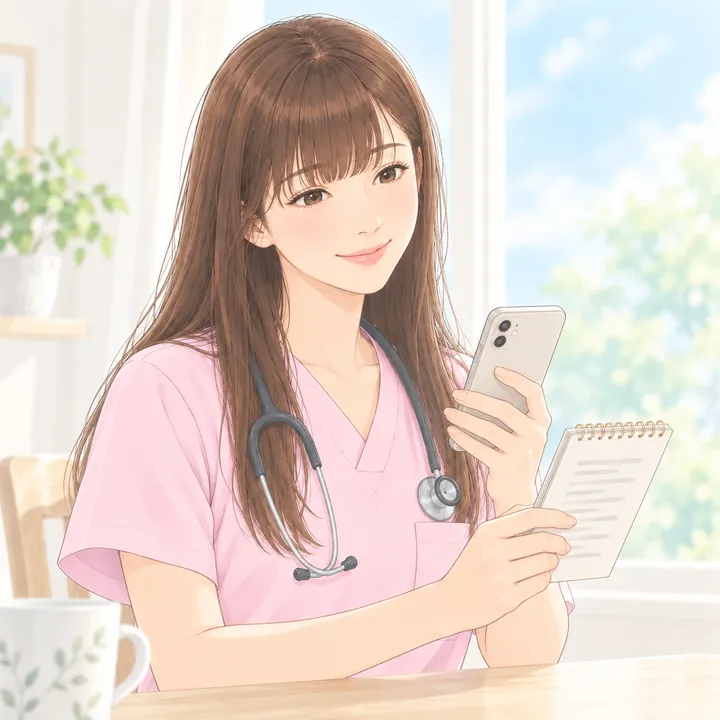 質問を書いたメモを見ながら、応募先に帰る時間を聞こうとする看護師