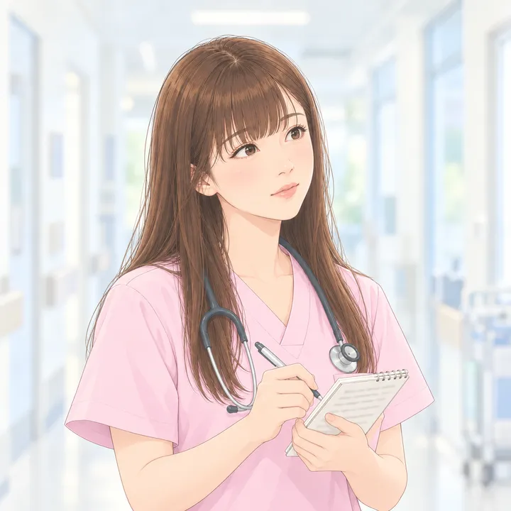 見学先の病院の廊下で、説明を聞きながらメモをとる看護師